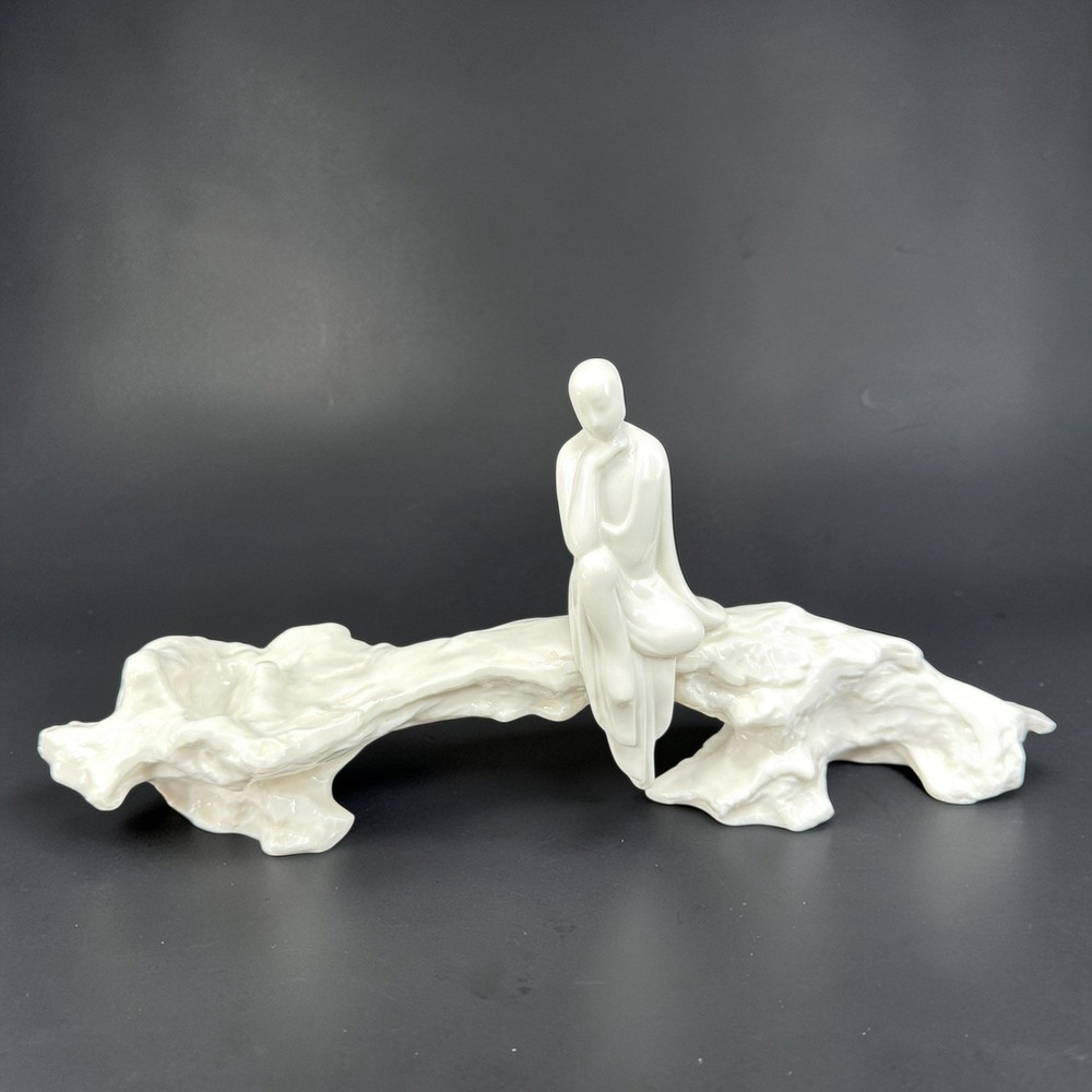 White Porcelain Seated Monk Figurine on Rock Bridge Sculpture Zen Home Decor